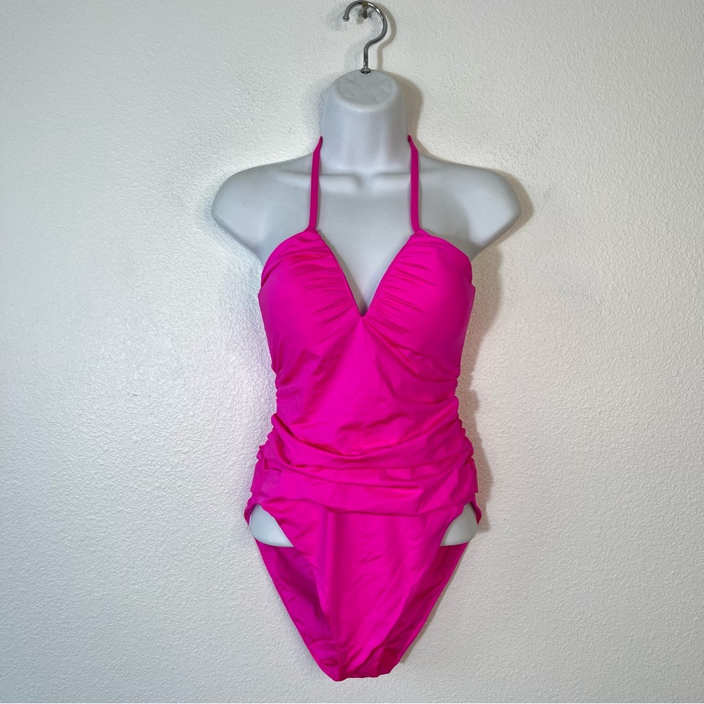 NEW Trina Turk Plunge One Piece Swimsuit Pink Beach Summer Size 8